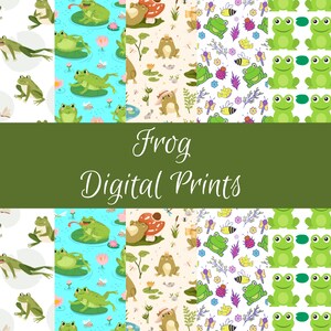 May include: A set of 6 digital frog prints featuring different patterns. The prints include frogs on lily pads, frogs with crowns, frogs with mushrooms, and frogs with bees. The prints are perfect for adding a touch of whimsy to any room.