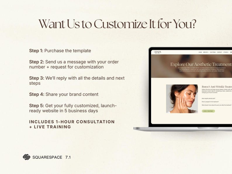 Puede incluir: Un port&aacute;til muestra un sitio web sobre tratamientos est&eacute;ticos. La imagen incluye instrucciones para la personalizaci&oacute;n del sitio web, incluida la compra de una plantilla y el intercambio de contenido de la marca. El texto "Want Us to Customize It for You?" est&aacute; en la parte superior.