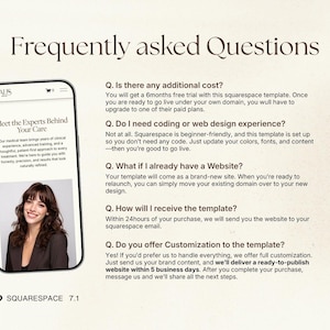 Puede incluir: Un smartphone muestra una plantilla de sitio web con el texto "Preguntas frecuentes". La pantalla muestra a una mujer y el texto "Conoce a los expertos detr&aacute;s de tu cuidado". El logotipo de Squarespace est&aacute; en la parte inferior.