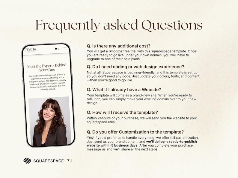 Puede incluir: Un smartphone muestra una plantilla de sitio web con el texto "Preguntas frecuentes". La pantalla muestra a una mujer y el texto "Conoce a los expertos detr&aacute;s de tu cuidado". El logotipo de Squarespace est&aacute; en la parte inferior.