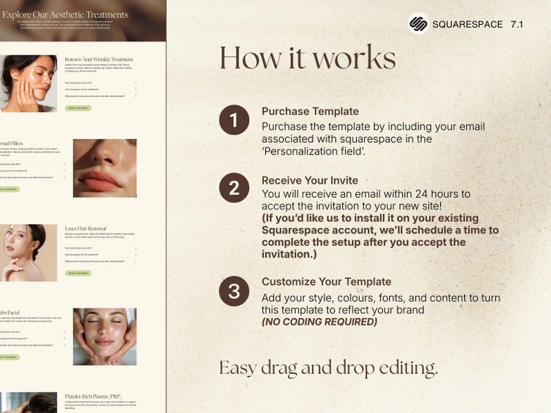 Puede incluir: Dise&ntilde;o de p&aacute;gina web con el texto "Explore Our Aesthetic Treatments" y "How it works". Incluye im&aacute;genes de tratamientos est&eacute;ticos e instrucciones para comprar y personalizar una plantilla de Squarespace.