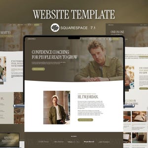 Könnte beinhalten: Eine Website-Vorlage für Squarespace 7.1 mit einem klaren Design, das sich auf Selbstvertrauenscoaching konzentriert. Das Design enthält den Text "Confidence Coaching for People Ready to Grow" und "Hi, I'm Jordan."