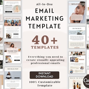 Op de afbeelding: Een collage van meer dan 40 e-mailmarketing sjablonen voor Canva. De sjablonen zijn visueel aantrekkelijk en professioneel, met een bruin en wit kleurenschema. De tekst "All-In-One E-mailmarketing Sjabloon" wordt weergegeven in grote, vetgedrukte letters. De tekst "40+ Sjablonen" wordt weergegeven in bruine letters. De tekst "Alles wat je nodig hebt om visueel aantrekkelijke professionele e-mails te maken" wordt weergegeven in zwarte letters. De tekst "Direct Downloaden" wordt weergegeven in een witte knop met een bruine rand. De tekst "100% aanpasbaar sjabloon" wordt weergegeven in zwarte letters.