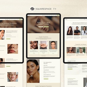 Puede incluir: Tres tabletas digitales que muestran dise&ntilde;os de sitios web para tratamientos est&eacute;ticos. Los sitios web presentan im&aacute;genes de personas, descripciones de tratamientos y el texto "Explore Our Aesthetic Treatments" y "Where Beauty Meets Medical Precision".