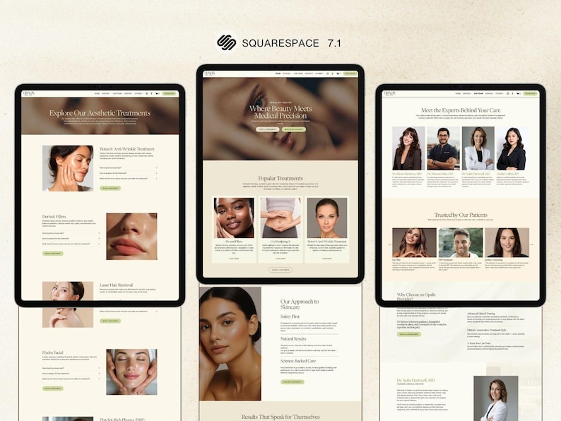 Puede incluir: Tres tabletas digitales que muestran dise&ntilde;os de sitios web para tratamientos est&eacute;ticos. Los sitios web presentan im&aacute;genes de personas, descripciones de tratamientos y el texto "Explore Our Aesthetic Treatments" y "Where Beauty Meets Medical Precision".
