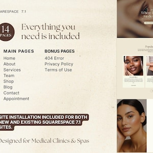 Puede incluir: Una plantilla de dise&ntilde;o web para Squarespace 7.1, dise&ntilde;ada para cl&iacute;nicas m&eacute;dicas y spas. El dise&ntilde;o incluye 14 p&aacute;ginas, con p&aacute;ginas principales y de bonificaci&oacute;n. La plantilla presenta una est&eacute;tica limpia y moderna con im&aacute;genes y texto.