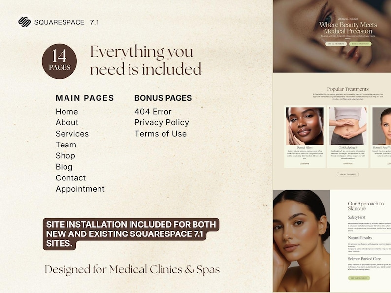 Puede incluir: Una plantilla de dise&ntilde;o web para Squarespace 7.1, dise&ntilde;ada para cl&iacute;nicas m&eacute;dicas y spas. El dise&ntilde;o incluye 14 p&aacute;ginas, con p&aacute;ginas principales y de bonificaci&oacute;n. La plantilla presenta una est&eacute;tica limpia y moderna con im&aacute;genes y texto.
