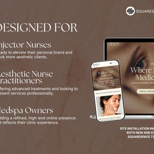 Puede incluir: Imagen promocional para Squarespace 7.1, con un port&aacute;til y un smartphone que muestran un sitio web de servicios m&eacute;dicos est&eacute;ticos. El texto destaca los servicios para enfermeras inyectoras, enfermeras practicantes est&eacute;ticas y propietarios de medspa. Fondo marr&oacute;n.