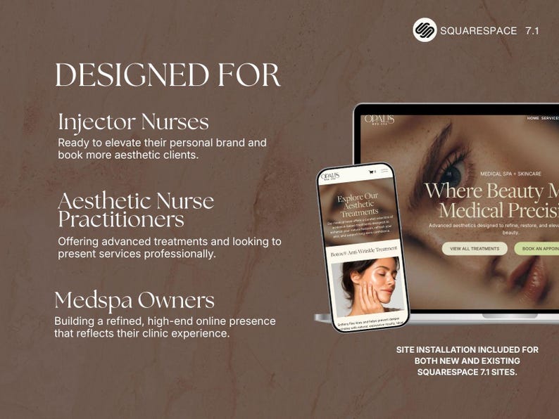 Puede incluir: Imagen promocional para Squarespace 7.1, con un port&aacute;til y un smartphone que muestran un sitio web de servicios m&eacute;dicos est&eacute;ticos. El texto destaca los servicios para enfermeras inyectoras, enfermeras practicantes est&eacute;ticas y propietarios de medspa. Fondo marr&oacute;n.