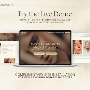 Puede incluir: Un port&aacute;til muestra un sitio web con el texto &laquo;Where Beauty Meets Medical Precision&raquo;. El sitio web presenta tratamientos est&eacute;ticos y un blog de belleza. La imagen tambi&eacute;n incluye el texto &laquo;Try the Live Demo&raquo; y &laquo;Complimentary Site Installation&raquo;.