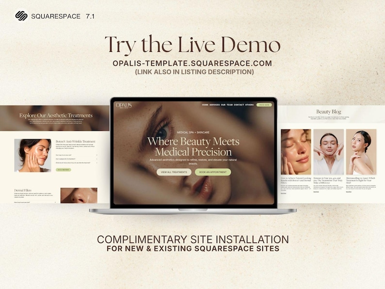 Puede incluir: Un port&aacute;til muestra un sitio web con el texto &laquo;Where Beauty Meets Medical Precision&raquo;. El sitio web presenta tratamientos est&eacute;ticos y un blog de belleza. La imagen tambi&eacute;n incluye el texto &laquo;Try the Live Demo&raquo; y &laquo;Complimentary Site Installation&raquo;.