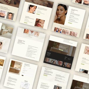Puede incluir: Una colecci&oacute;n de maquetas de sitios web que presentan la marca de una cl&iacute;nica de belleza. Las p&aacute;ginas muestran informaci&oacute;n sobre tratamientos, fotos de antes y despu&eacute;s y testimonios de pacientes. El dise&ntilde;o utiliza una paleta de colores neutros con im&aacute;genes de diversas personas.
