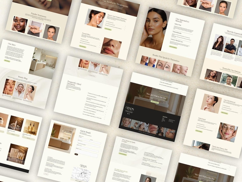 Puede incluir: Una colecci&oacute;n de maquetas de sitios web que presentan la marca de una cl&iacute;nica de belleza. Las p&aacute;ginas muestran informaci&oacute;n sobre tratamientos, fotos de antes y despu&eacute;s y testimonios de pacientes. El dise&ntilde;o utiliza una paleta de colores neutros con im&aacute;genes de diversas personas.