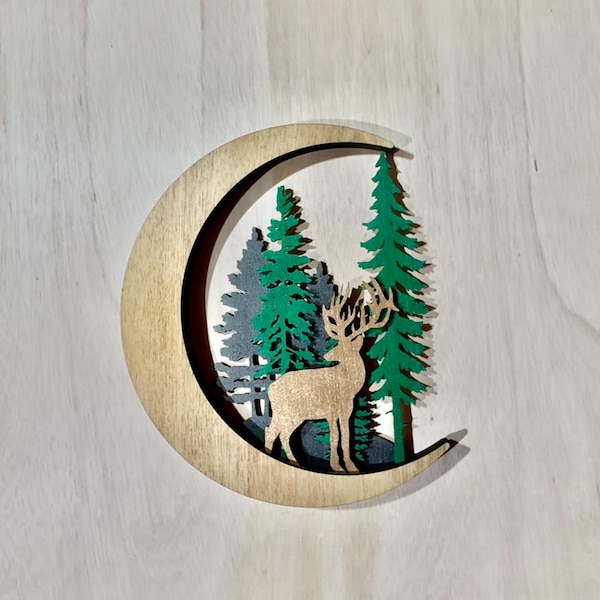 Escena de bosque con ciervos y luna en 3D, solo descarga digital, SVG PNG