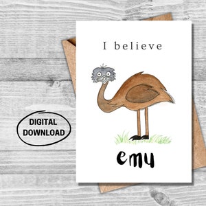 Cartão para impressão encorajador e engraçado da Emu, cartão Eu acredito em você, cartão pintado à mão em aquarela