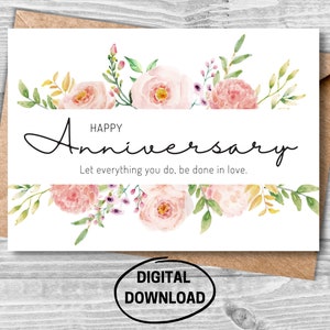 Tarjeta de aniversario de boda, tarjeta de felicitación imprimible, tarjeta imprimible de aniversario, tarjeta imprimible de boda, tarjeta floral de acuarela