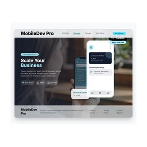 Könnte beinhalten: Eine Website-Oberfläche für MobileDev Pro, die mobile App-Lösungen präsentiert. Der Bildschirm zeigt eine mobile App-Oberfläche mit Treuepunkten und bevorstehenden Buchungen. Die Website wirbt für Geschäftswachstum und kundenspezifische App-Entwicklung.