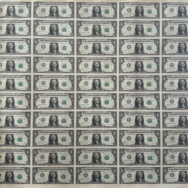 Brand New 50 NOTE Sheet of One Dollar Full Uncut Sheet of Fifty One Dollar Notes UNC TUBE Unique Numismatic Gift Paper Money Collector Gift