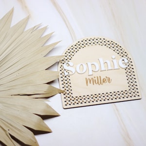 Baby Shower Gift, Baby Birth Announcement Sign, Boho Baby Arch Sign, Rattan Nursery Name Sign, Engraved Baby Name Circle, Boho Name Sign
