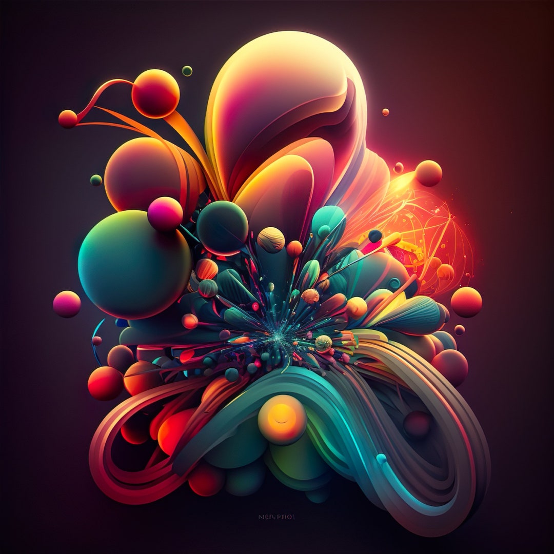 Abstract Neon Atoms Digital Artwork Etsy