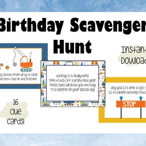 Caça ao tesouro de aniversário para meninos, caça ao tesouro de aniversário interno, pistas para festa de aniversário para impressão