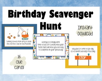 May include: A printable construction-themed birthday scavenger hunt with 16 clue cards. The cards feature illustrations of construction vehicles and tools. The text on the cards reads "Turning clothes from dirty to clean, Find the next clue on this machine." and "Hooray! It's finally here! Time to kick off a brand new year. These clues will show you the way to a surprise on your special day."