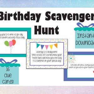 Chasse au trésor d'anniversaire, chasse au trésor d'anniversaire intérieure, indices imprimables de fête d'anniversaire