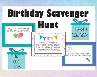May include: A printable birthday scavenger hunt with 16 clue cards. The cards are decorated with colorful balloons, confetti, and fireworks. The text on the cards reads "Hey you! It's time to get silly. Go to where we keep food chilly." and "Hooray! It's finally here. Time to kick off a brand new year. These clues will show you the way to a surprise on your special day."