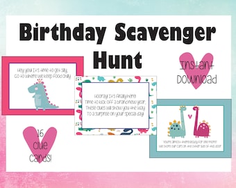 May include: A printable dinosaur-themed birthday scavenger hunt with 16 clue cards. The cards feature a pink, blue, and green color scheme with illustrations of dinosaurs. The text on the cards reads "Hey you it's time to get silly, go to where we keep food chilly" and "Hooray! It's finally here, Time to kick off a brand new year, These clues will show you the way, To a surprise on your special day".
