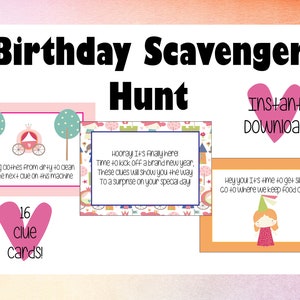 Birthday Scavenger Hunt for Girls, Indoor Birthday Treasure Hunt, Printable Birthday Party Clues