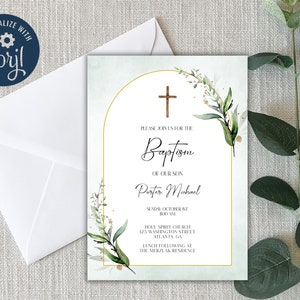 Baptism Invitation, Christening Invitation, digital download, Baptism Invitation template, Greenery baptism invitation