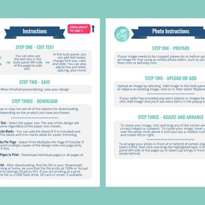 May include: Instructions for editing and downloading a digital design. The instructions include steps for editing text, saving the design, and downloading the file. The instructions also include information about paper size, bleed and trim marks, and printing multiple copies per page.