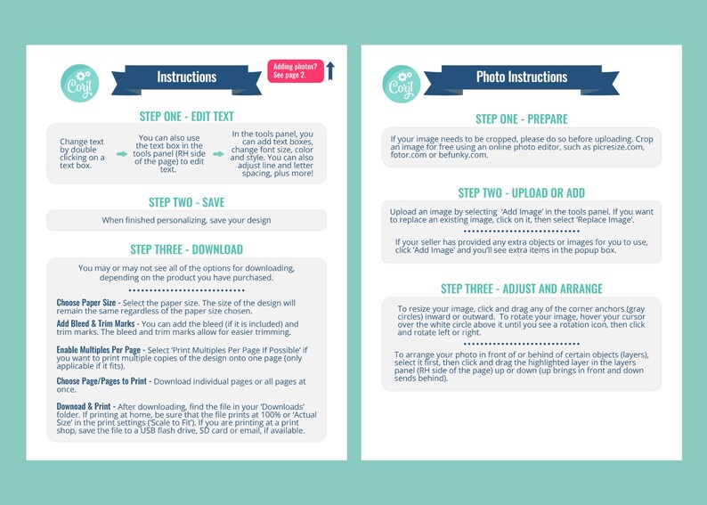 May include: Instructions for editing and downloading a digital design. The instructions include steps for editing text, saving the design, and downloading the file. The instructions also include information about paper size, bleed and trim marks, and printing multiple copies per page.