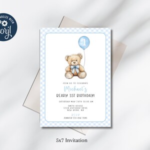 May include: Blue and white checkered invitation for a 1st birthday party. The invitation features a teddy bear holding a blue balloon with the number 1 on it. The text on the invitation reads "Join us to celebrate Michael's Beary 1st Birthday!" with the date, time, and location of the party.