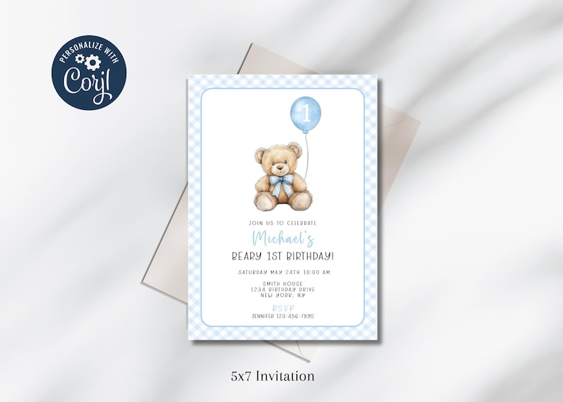 May include: Blue and white checkered invitation for a 1st birthday party. The invitation features a teddy bear holding a blue balloon with the number 1 on it. The text on the invitation reads "Join us to celebrate Michael's Beary 1st Birthday!" with the date, time, and location of the party.