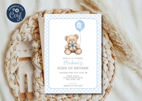Bear 1st Birthday Invitation Template, Blue Teddy Bear (Digital Download)