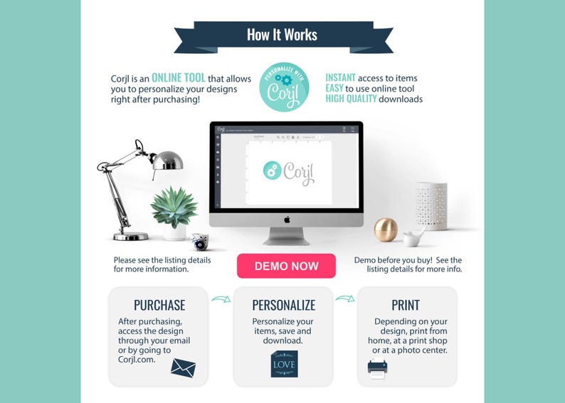 May include: How to use Corjl, an online tool for personalizing and printing designs.  The image shows a computer screen with a design editor, a lamp, and three steps: purchase, personalize, and print.