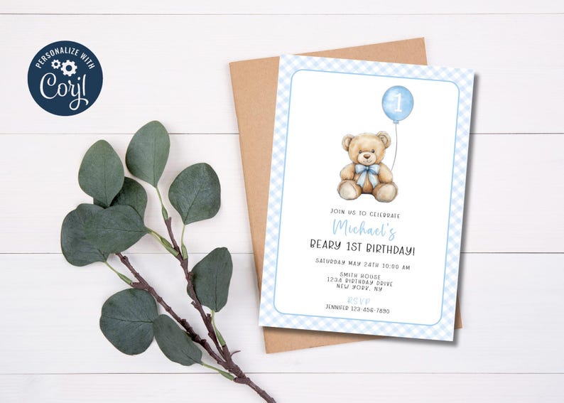 May include: Blue and white checkered invitation with a teddy bear holding a blue balloon with the number 1 on it. The text reads "Join us to celebrate Michael's Beary 1st Birthday! Saturday May 24th 10:00 AM Smith House 1234 Birthday Drive New York, NY RSVP Jennifer 123-456-7890"