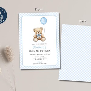 May include: Blue and white checkered invitation with a teddy bear holding a blue balloon. The invitation says "Join us to celebrate Michael's Beary 1st Birthday!" with details for the party.