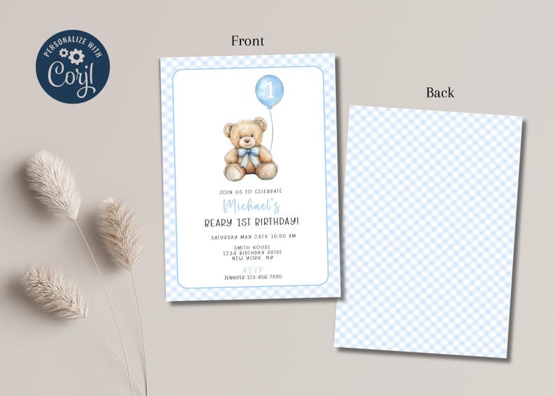 May include: Blue and white checkered invitation with a teddy bear holding a blue balloon. The invitation says "Join us to celebrate Michael's Beary 1st Birthday!" with details for the party.
