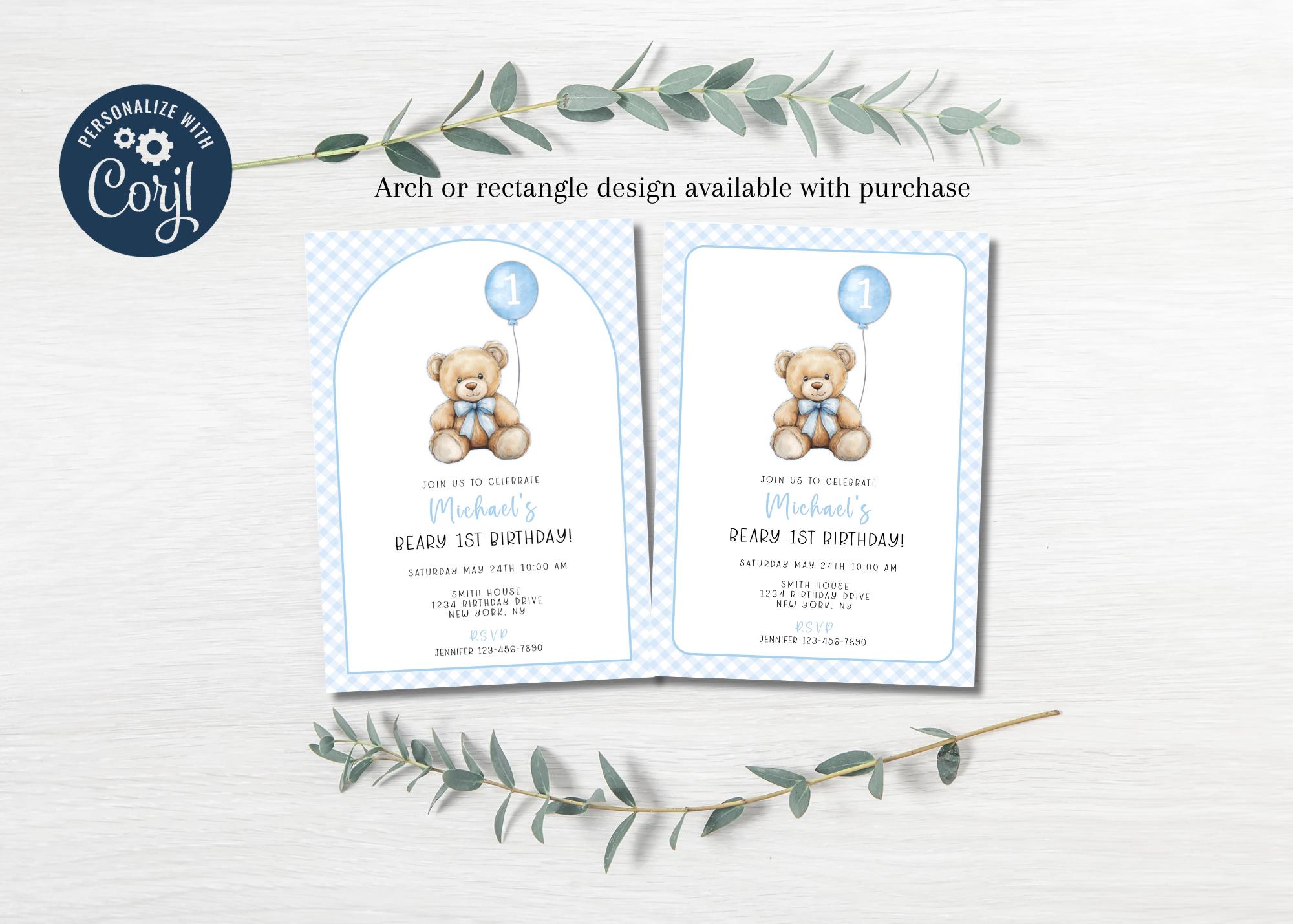 May include: Blue and white checkered invitation with a teddy bear holding a blue balloon. The invitation says "Join us to celebrate Michael's Beary 1st Birthday!"