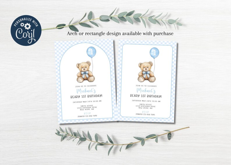 May include: Blue and white checkered invitation with a teddy bear holding a blue balloon. The invitation says "Join us to celebrate Michael's Beary 1st Birthday!"