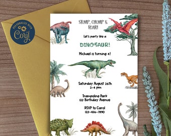 Verjaardagsuitnodiging dinosaurus, Stomp Chomp Roar, T-Rex Party (digitale download)