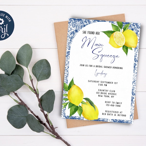 Main Squeeze Bridal Shower Invitation, Lemon Bridal Shower, Digital Download, Instant Download, Editable, 5x7, She Found Her Main Squeeze