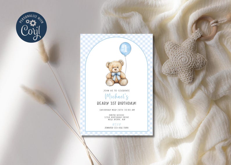 May include: Blue and white checkered invitation with a teddy bear holding a blue balloon. The invitation says "Join us to celebrate Michael's Beary 1st Birthday!" with the date and time of the party.