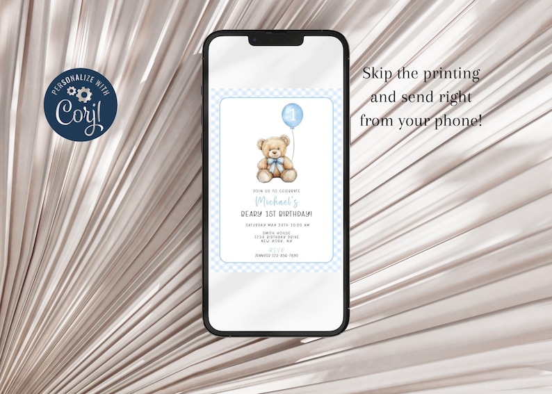 May include: A blue and white digital invitation with a teddy bear holding a blue balloon. The invitation says "Join us to celebrate Michael's Dearly 1st Birthday!"