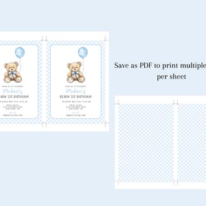 May include: Two printable invitations for a first birthday party. The invitations feature a blue and white checkered background with a teddy bear holding a blue balloon. The text on the invitations reads "Come to celebrate Michael's 1st Birthday".