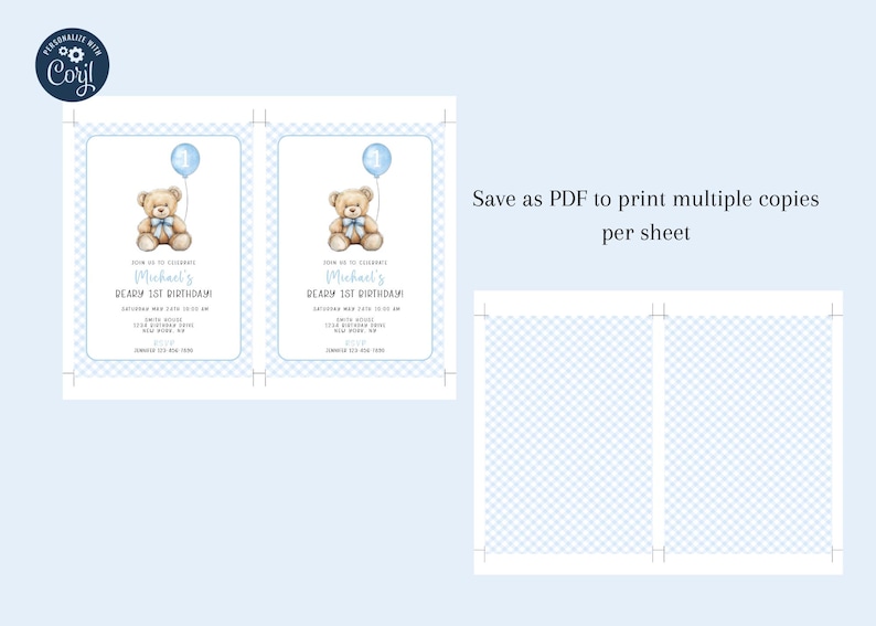 May include: Two printable invitations for a first birthday party. The invitations feature a blue and white checkered background with a teddy bear holding a blue balloon. The text on the invitations reads "Come to celebrate Michael's 1st Birthday".