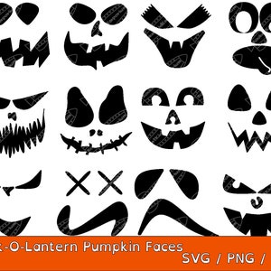 May include: A set of 12 black and white Jack-O-Lantern pumpkin face SVG cut files. The faces include various expressions, such as smiling, frowning, and surprised.