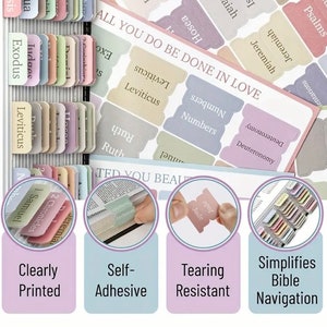 May include: A set of self-adhesive Bible tabs with a variety of pastel colors. The tabs are labeled with the names of books of the Bible, such as Exodus, Leviticus, Numbers, and Deuteronomy. The tabs are tear-resistant and clearly printed. The text "ALL YOU DO BE DONE IN LOVE" is printed on the top of the tabs.